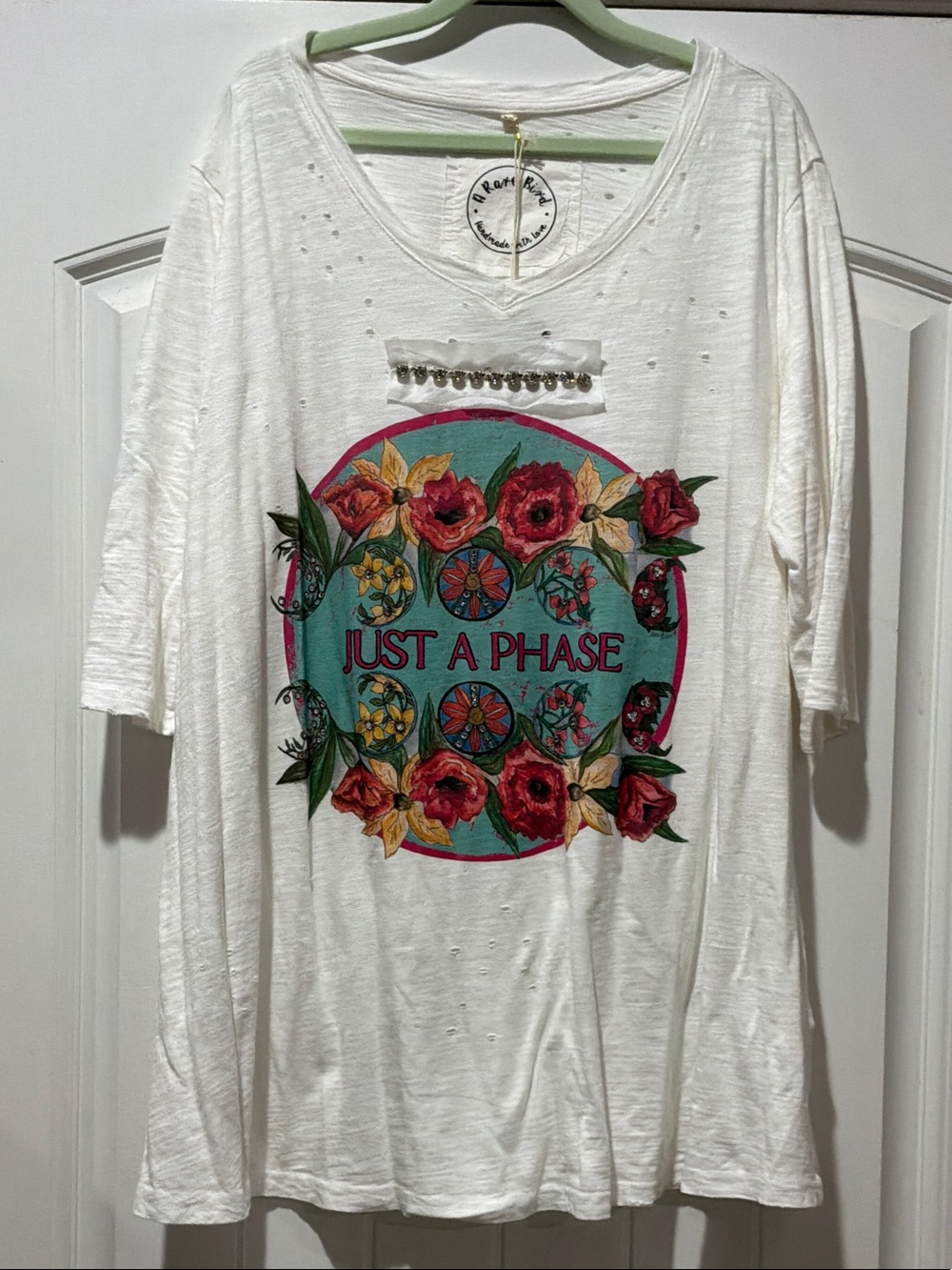 Just A Phase White V-Neck Floral Graphic Tunic